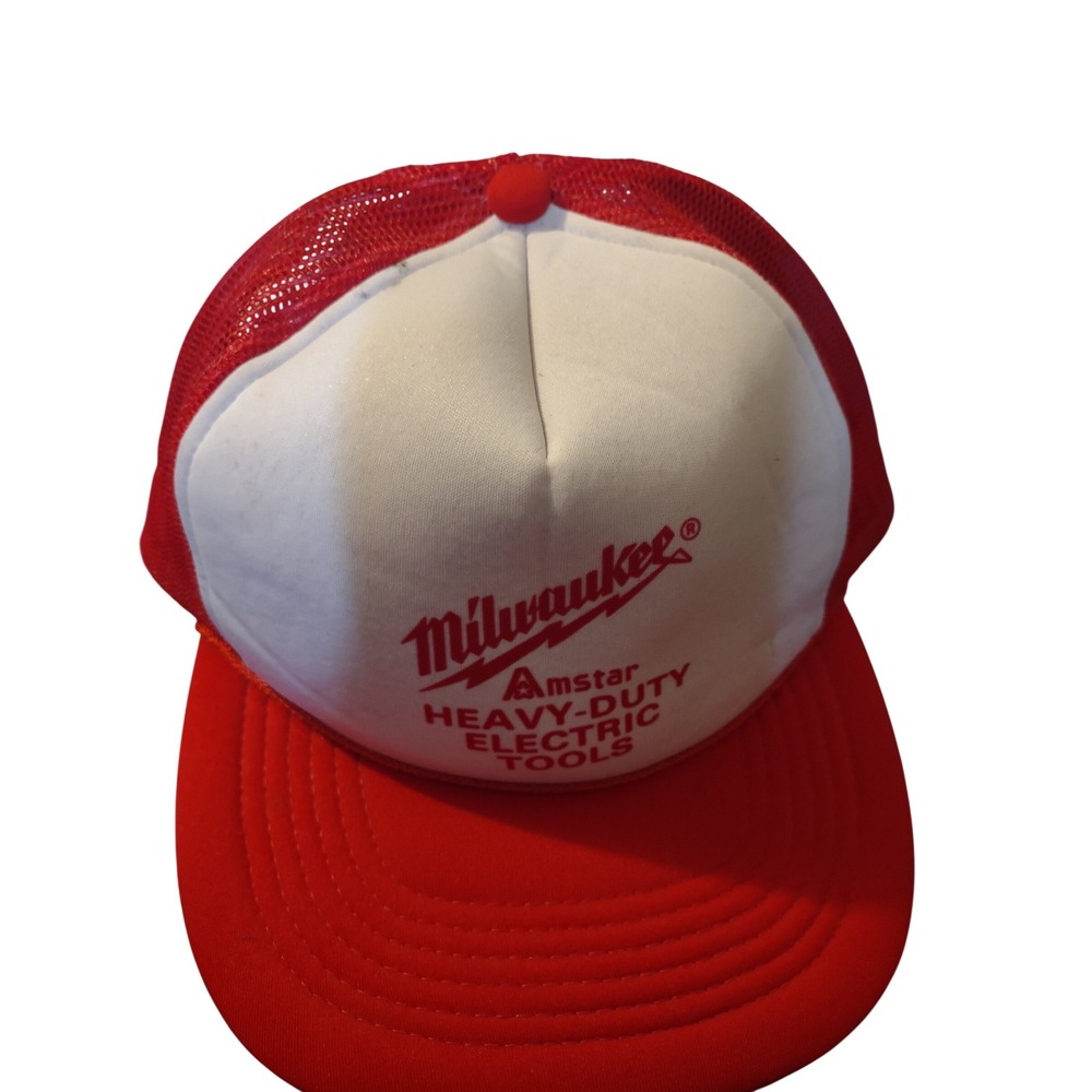 VTG Milwaukee Amstar Heavy-Duty Electric Tools Trucker Hat Red White Snapback
